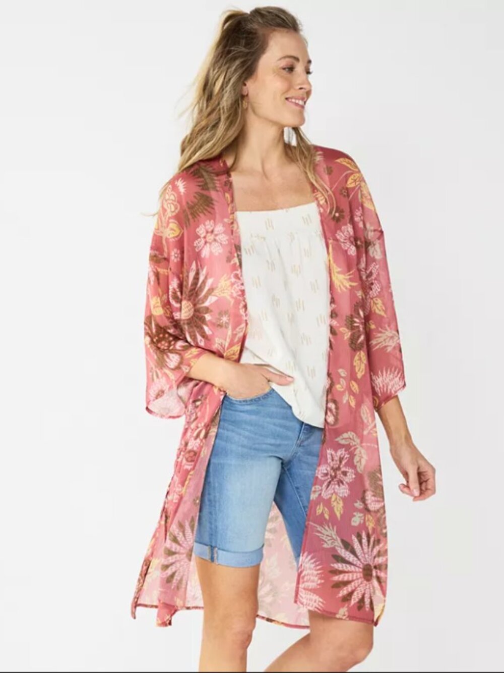 Floral Kimono Cover Up Dusty Rose Lightweight Boho PLUS SIZE
